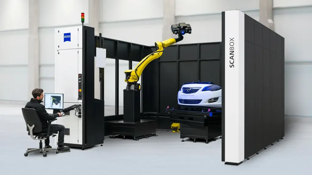 ZEISS ScanBox measuring cell inspecting a complete car body, with an operator seated at the control station