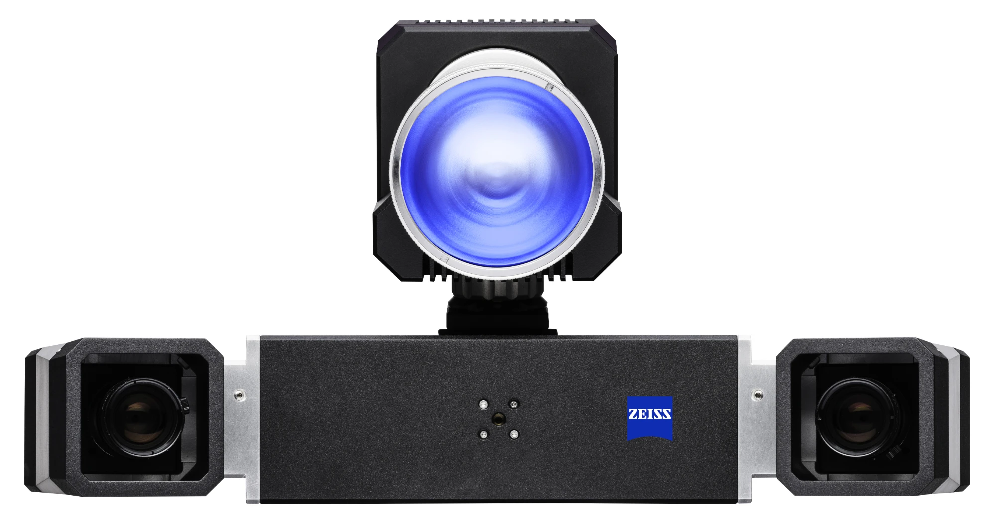 ZEISS ARAMIS 3D camera: two measuring cameras either side of a central blue light projector, on a white background