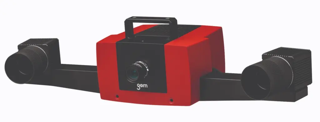 GOM ATOS Compact Scan: a red scanner body with two black measuring cameras on side arms, on a white background