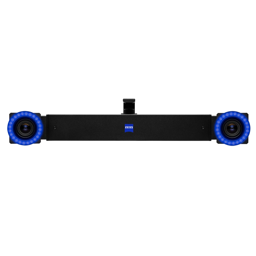 ZEISS PONTOS Live sensor bar, two measuring cameras ringed by blue LEDs, on a white background