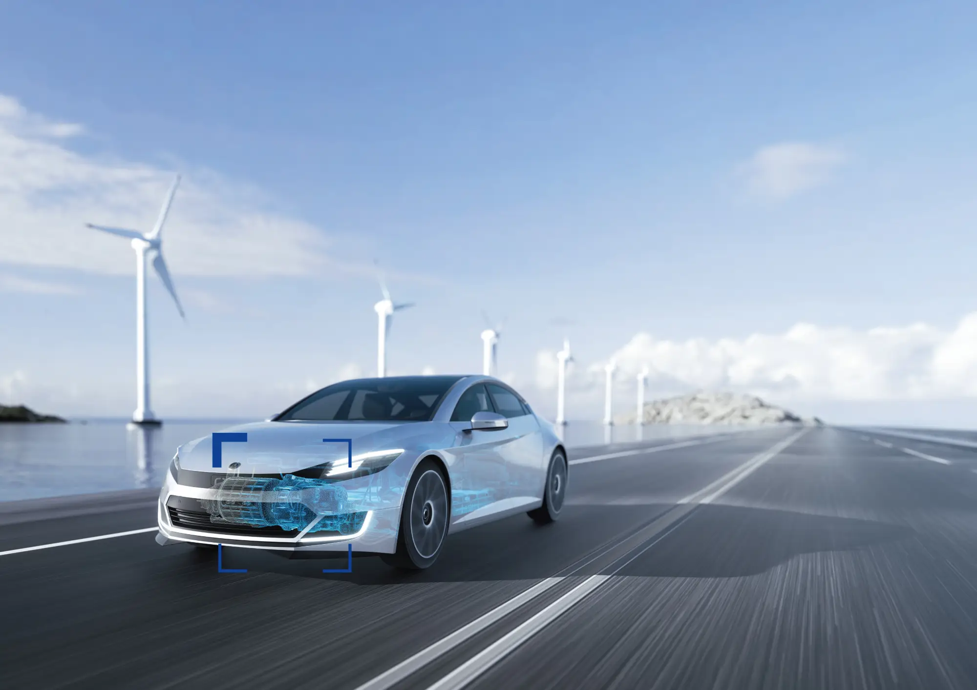 Rendering of a white electric car on a coastal road backed by wind turbines, its front structure highlighted in blue